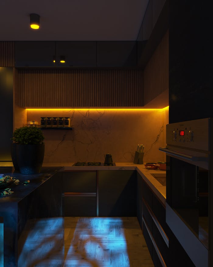 Sleek modern kitchen interior with ambient LED lighting and contemporary design elements.